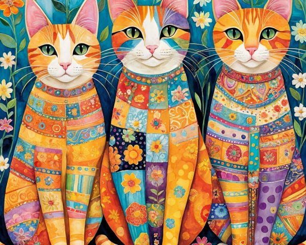 Colorful Cats with Floral Backdrop and Patterns
