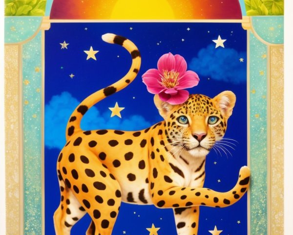 Leopard with Pink Flower Against Starry Night Sky