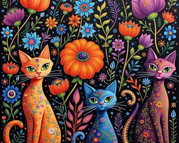 Vibrant Illustration of Three Whimsical Cats with Flowers