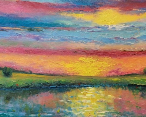 Vibrant Sunset Over Tranquil Water and Lush Hills