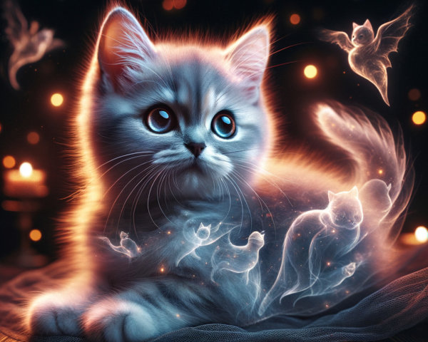 Fluffy Gray Kitten Surrounded by Ethereal Cat Figures
