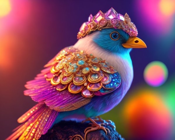 Regal Bird with Colorful Jewels and Crown