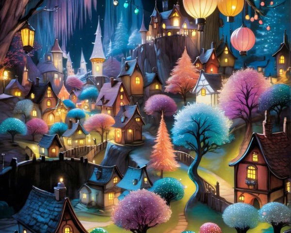 Whimsical Village Under a Starry Night Sky