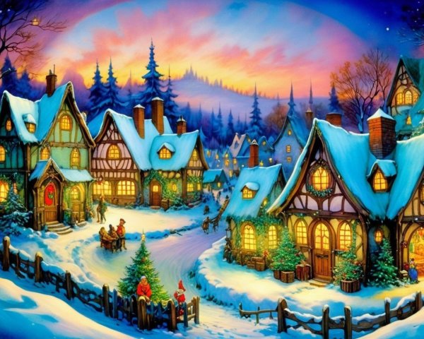 Charming winter village scene with festive cottages and trees