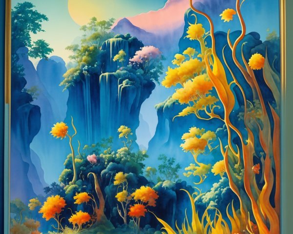 Vibrant Surreal Landscape with Colorful Flora and Rocks