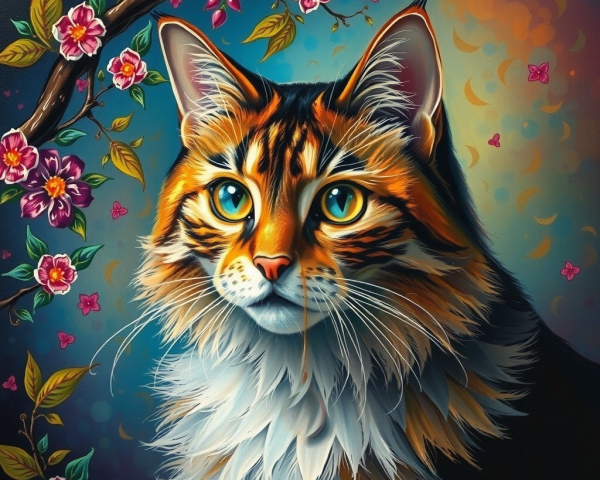 Colorful Cat Portrait with Blossoms and Nature Elements