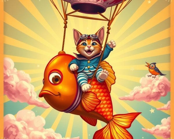 Cheerful Cat in Aviator Goggles on Cartoon Fish