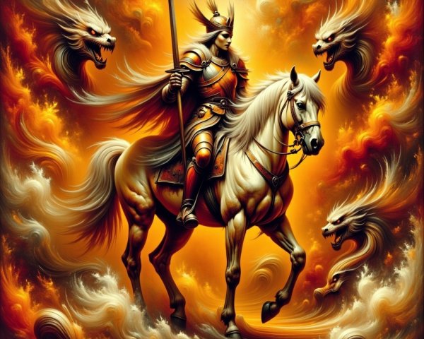 Valkyrie Warrior on White Horse in Fiery Landscape