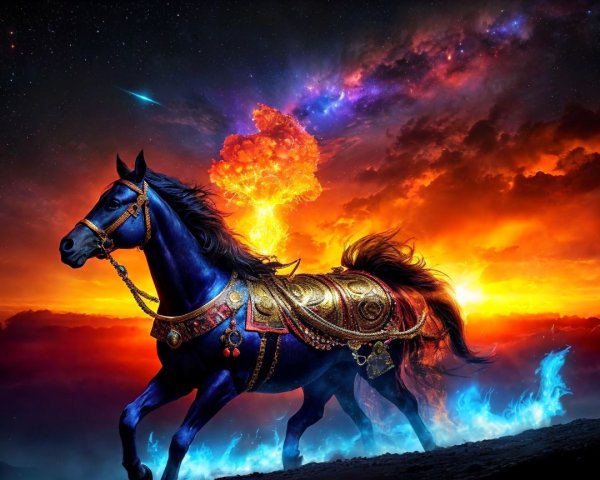 Black Horse with Golden Gear in Cosmic Background