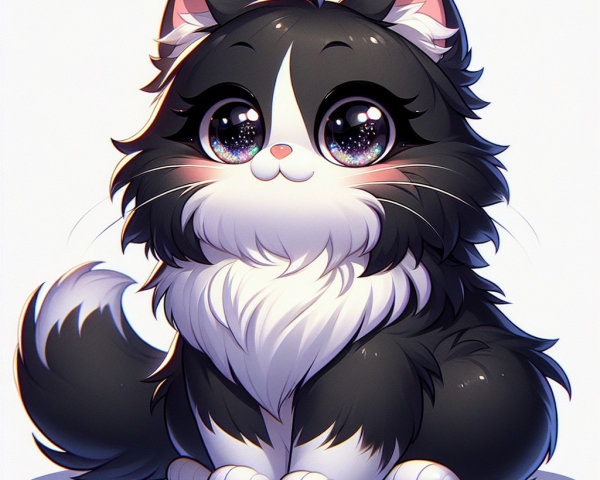 Fluffy Black and White Kitten with Sparkling Eyes