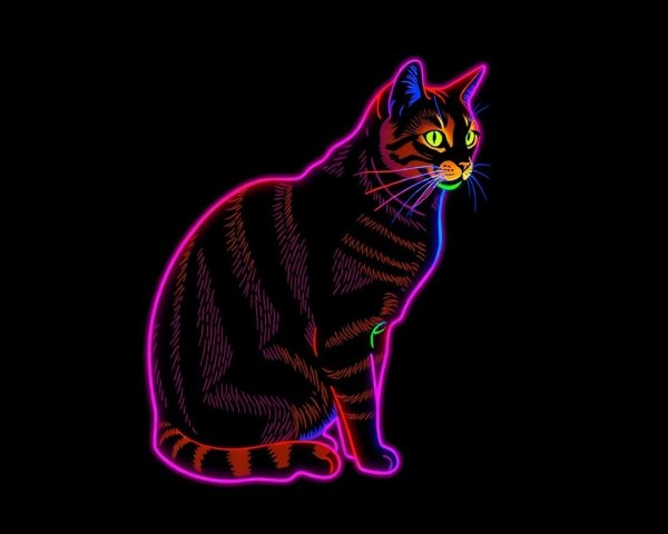 Vibrant Neon Cat Illustration on Black Background