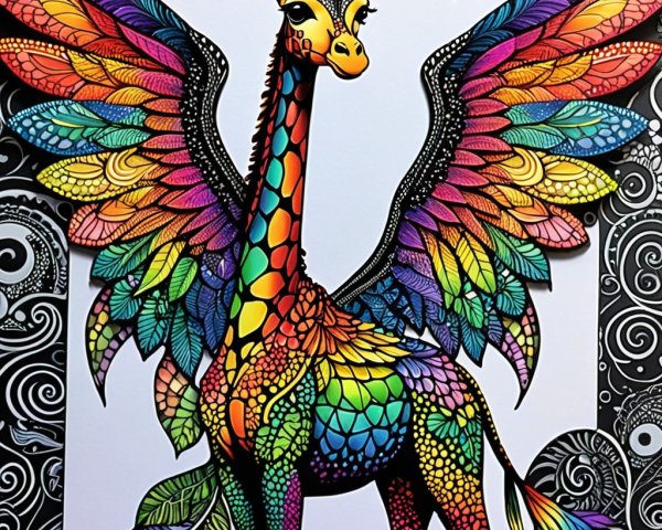 Vibrant Giraffe with Colorful Mosaic Patterns and Wings