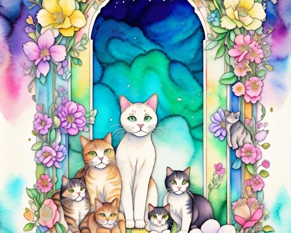 Whimsical Illustration of Seven Colorful Cats and Flowers