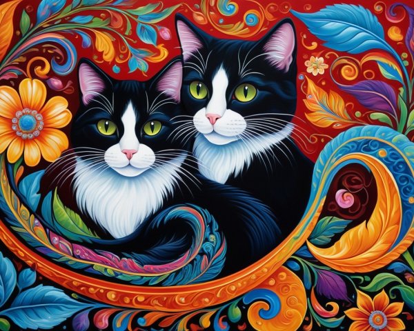 Vibrant Artwork of Two Cats in Colorful Backdrop
