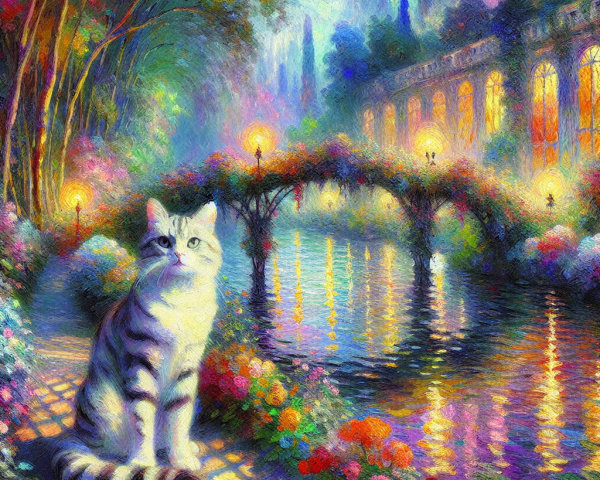 Serene Cat by a Tranquil Canal with Lanterns and Bridge