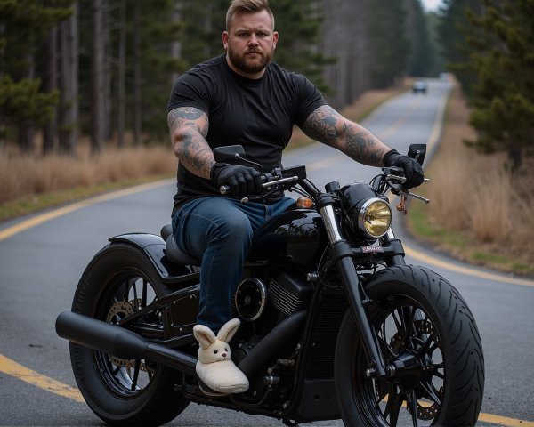 Muscular Man on Motorcycle Surrounded by Pine Trees