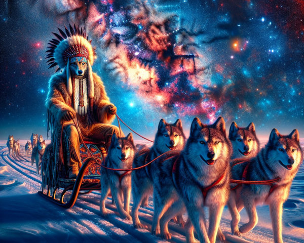 Native American Figure with Wolves Under Cosmic Skies