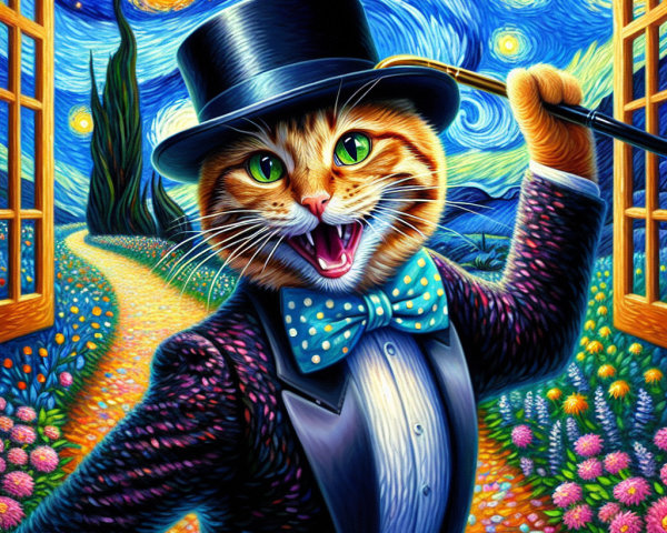 Whimsical Cat in Tuxedo Against Starry Night Sky