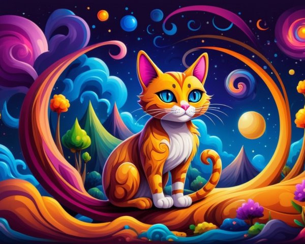 Whimsical Scene of an Orange Cat on a Branch