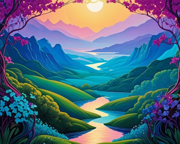 Vibrant Landscape with Hills, Mountains, and River