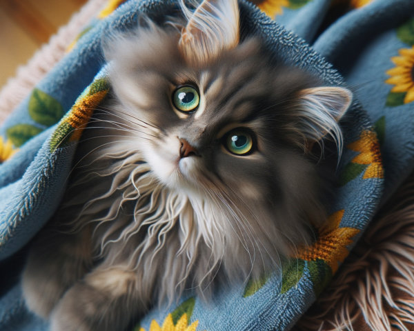 Fluffy Gray Persian Cat in Cozy Blue Blanket