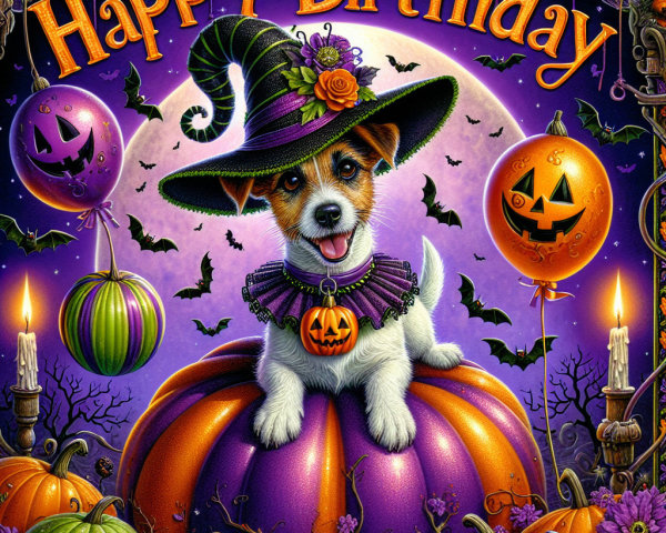 Playful Dog in Witch Hat Amid Halloween Decorations