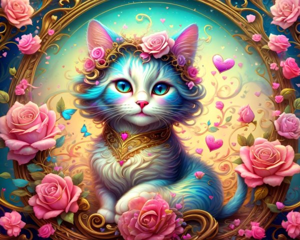 Whimsical Blue-Eyed Cat with Floral Crown and Butterflies