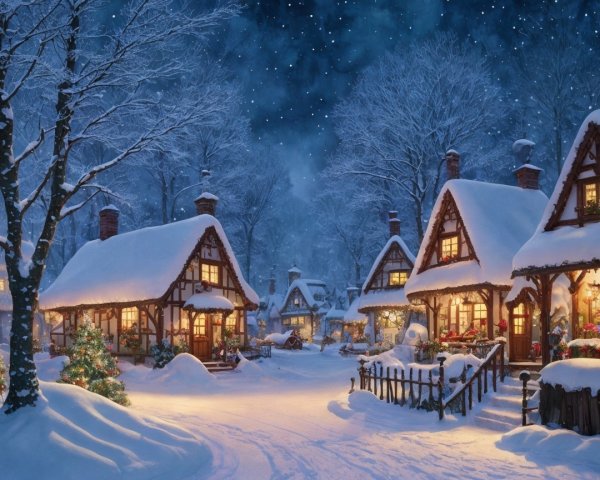Winter Village Scene with Snowy Cottages and Pine Trees