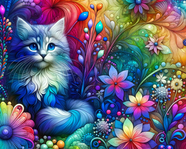 Fluffy Cat in a Colorful Flower Garden Illustration
