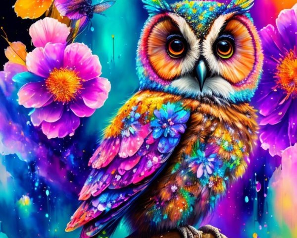 Vibrant Owl Perched Among Colorful Flowers and Patterns
