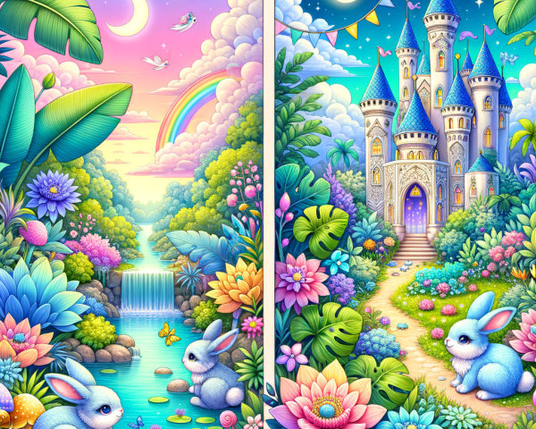 Whimsical Landscape with Waterfall and Fairytale Castle