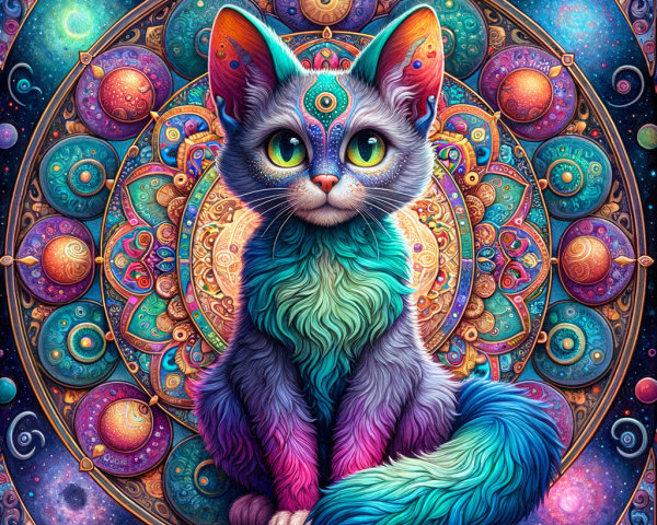 Whimsical Cat with Multicolored Fur in Cosmic Setting