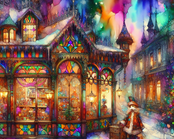 Colorful Winter Scene with Ornate Shop and Snow
