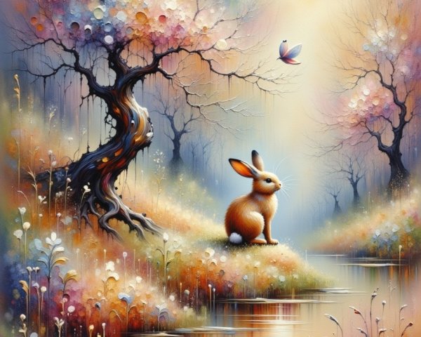 Serene Landscape with Rabbit by Tranquil Stream