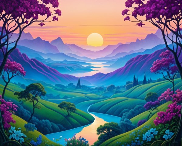 Vibrant Landscape of Rolling Hills and Sunset Sky