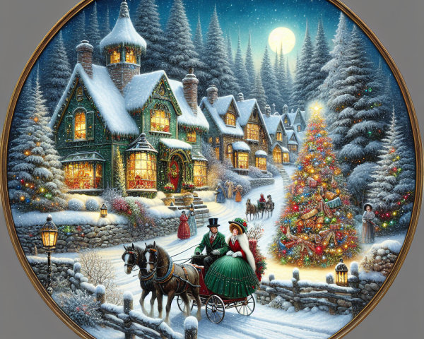 Festive winter scene with snow-covered cottages and lights