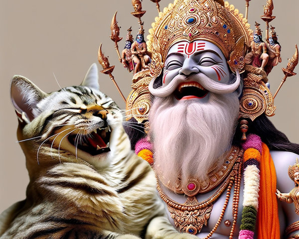 Majestic deity with golden crown and playful tabby cat