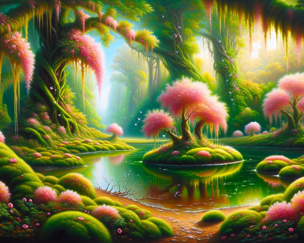 Enchanted forest with vibrant greenery and flowers