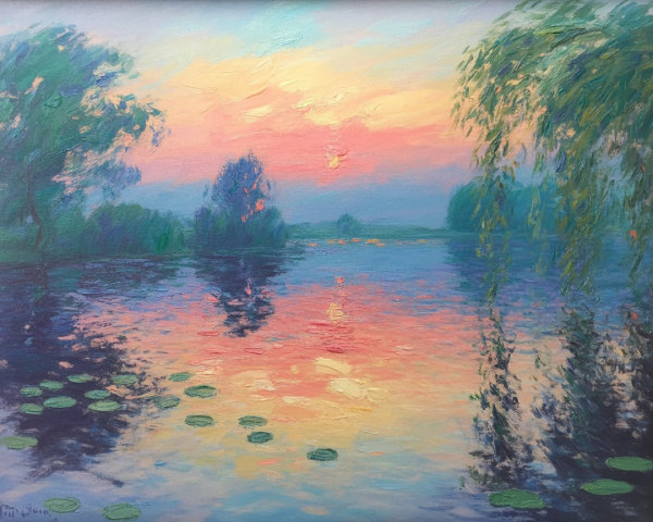Serene Landscape Painting of Sunset Over Calm Lake