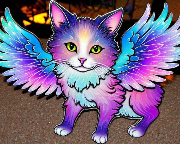 Fantasy Cat with Rainbow Fur and Feathered Wings