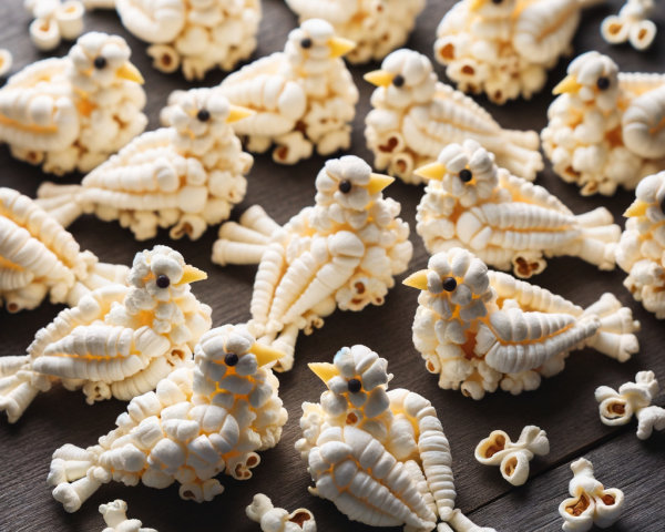 Popcorn-Shaped Birds in Creative Food Art Display