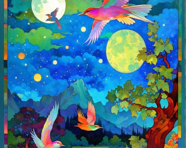 Vibrant Dreamlike Landscape with Colorful Birds and Moons