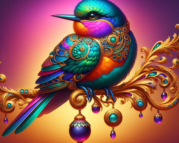 Colorful Bejeweled Bird on Ornate Golden Branch