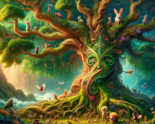 Mythical tree surrounded by woodland creatures in sunlight