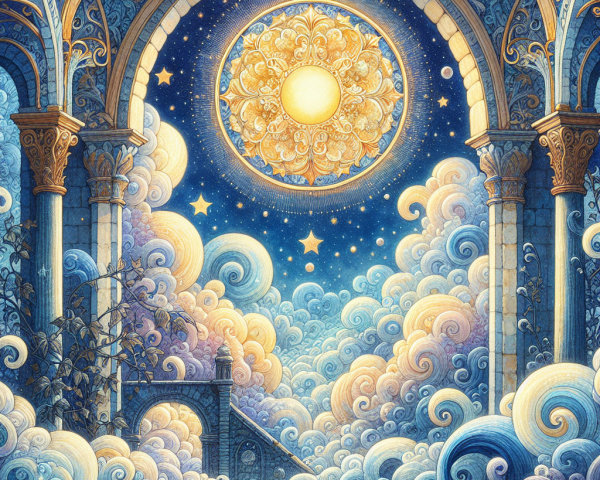 Surreal Landscape with Ornate Arches and Celestial Scene