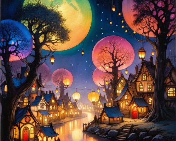 Whimsical Night Village with Cozy Houses and Lanterns