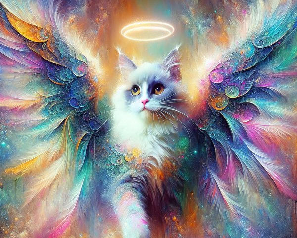 Majestic Cat with Colorful Wings and Halo in Cosmos
