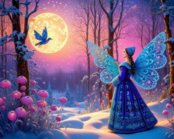 Winter Scene with Woman in Butterfly Wings and Moon