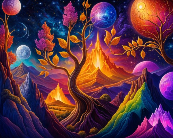 Vibrant Alien Landscape with Twisted Tree and Galaxies