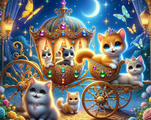 Kittens in a Jewel-Encrusted Carriage Under Stars